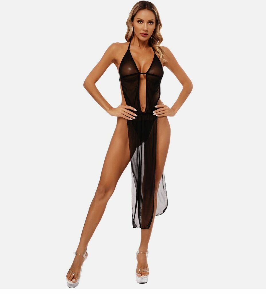 Sheer Mesh Slit Maxi Gown Lingerie